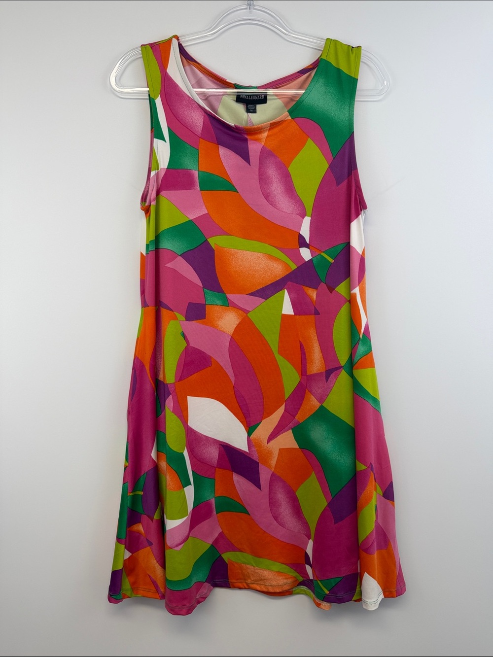 NWT Nina Leonard Multicolor Abstract Sleeveless Shift Dress Pink Green Orange M